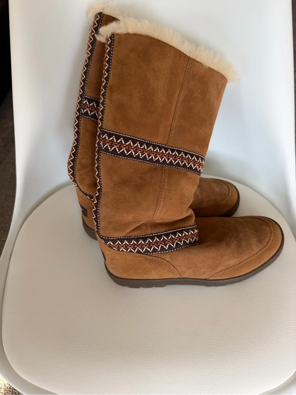 UGG Australia Chestnut Suede Embroidered Tall Shearling Boots US Size 6